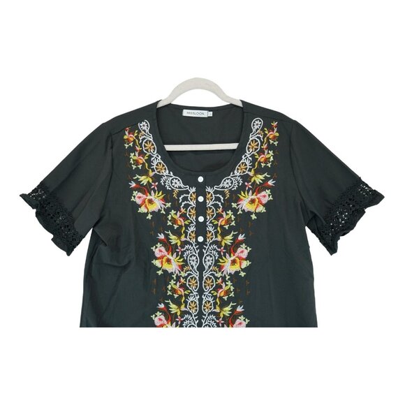 MISSLOOK Women's Black Embroidered Front Blouse Lace Sleeves Size Large - Picture 2 of 6